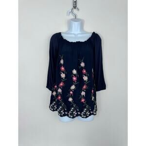 Chelsea & Theodore Floral Off Shoulder Navy Peasant Blouse NWT Size S